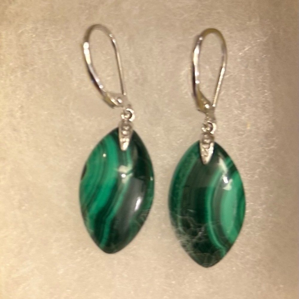 Sterling Silver 925 Malachite Drop Leverback Earrings